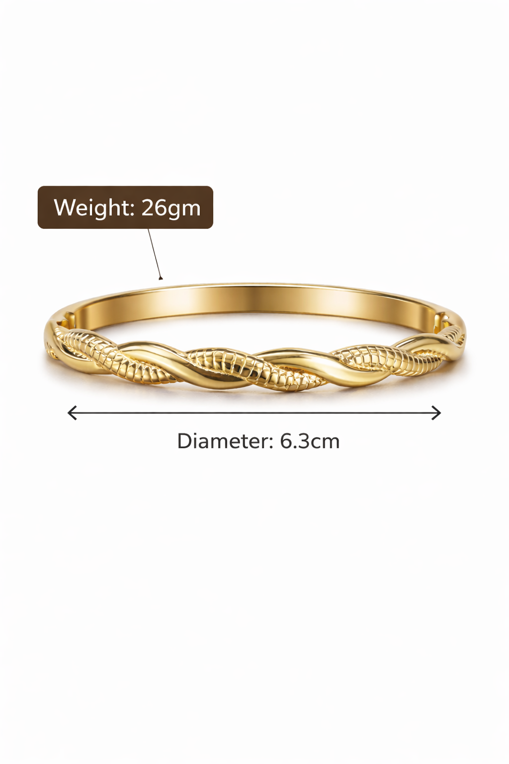 Anti-Tarnish, Ashaarya, Ashaarya Jewels, Ashaarya Jewellery, Gold bracelet with weight and diameter measurements on a white background