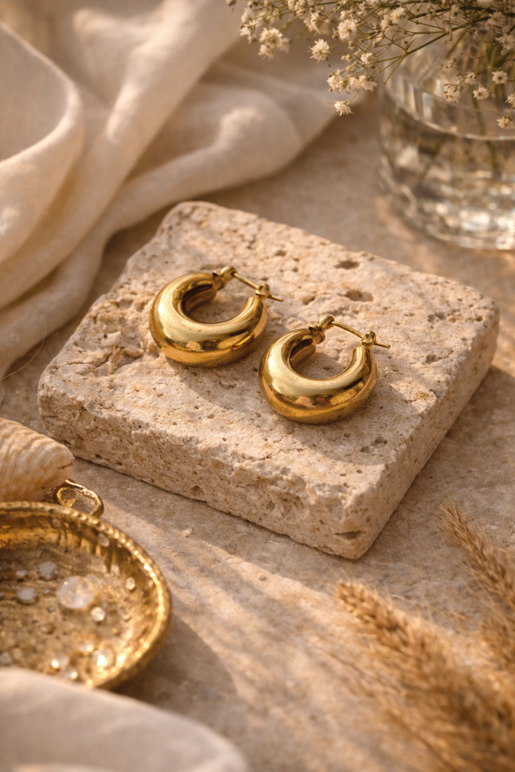 Anti-Tarnish, Ashaarya, Ashaarya Jewels, Ashaarya Jewellery, Gold hoop earrings on a stone surface with soft lighting
