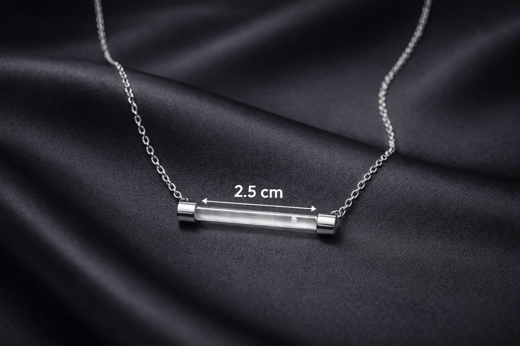 Ashaarya, Ashaarya Jewels, Silver necklace with cylindrical pendant on a dark fabric background