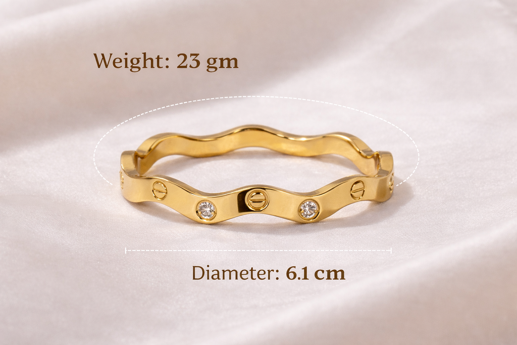 Anti-Tarnish, Ashaarya, Ashaarya Jewels, Ashaarya Jewellery, Gold ring with embedded diamonds on a beige background, showing weight and diameter measurements.