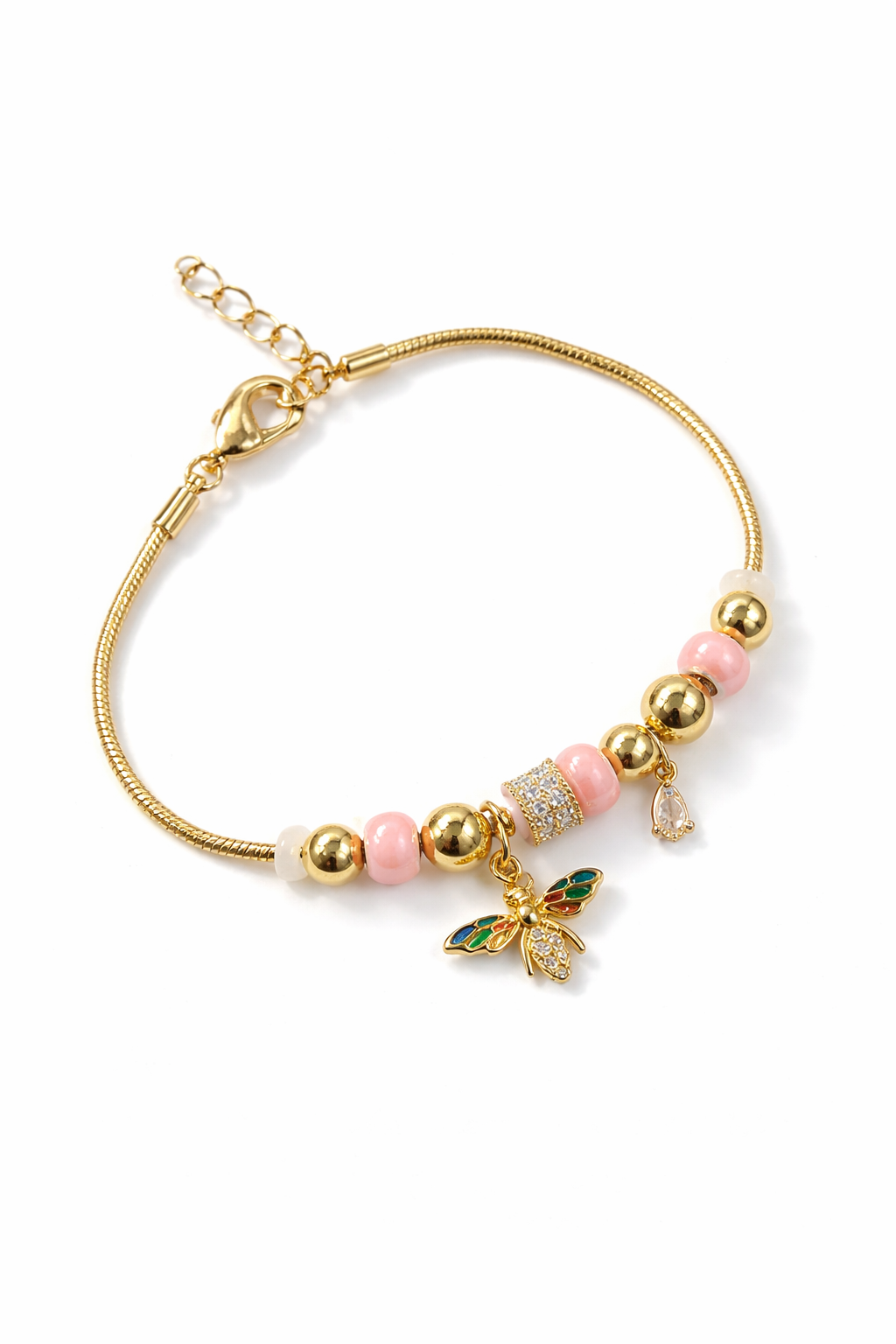 Anti-tarnish 18KT gold tone charm bracelet for women with pink beads, butterfly charm and American diamond detailing – comfort jewellery by Ashaarya