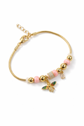 Anti-tarnish 18KT gold tone charm bracelet for women with pink beads, butterfly charm and American diamond detailing – comfort jewellery by Ashaarya