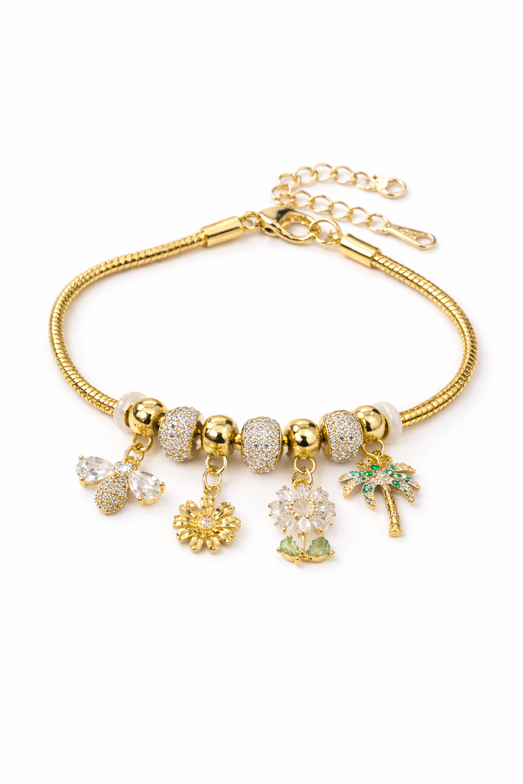 Anti-tarnish charm bracelet for women with butterfly, flower and palm charms in 18KT gold tone with American diamonds – comfort jewellery by Ashaarya