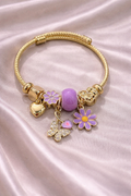 anti-tarnish charm bracelet for women with lavender flower charms butterfly charm and gold heart charm by Ashaarya comfort jewellery