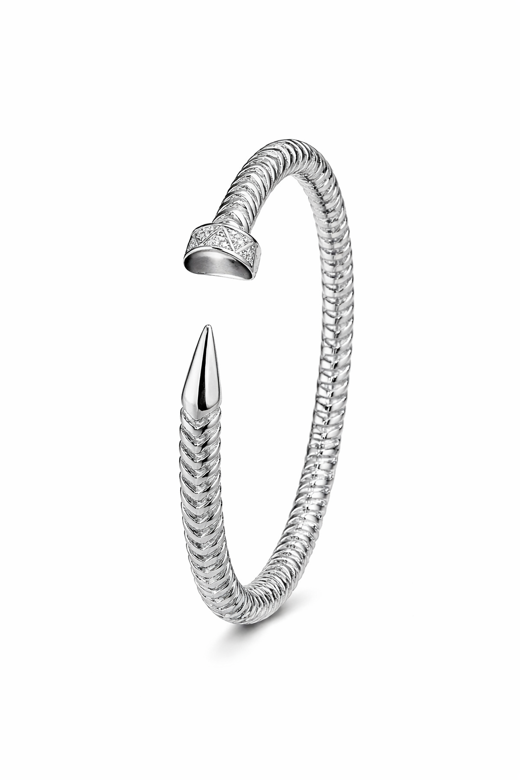 Close-up detailing of anti-tarnish nail bracelet for women showing twisted nail texture and American diamond studded head in Ashaarya comfort jewellery.