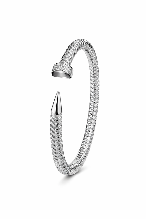 Close-up detailing of anti-tarnish nail bracelet for women showing twisted nail texture and American diamond studded head in Ashaarya comfort jewellery.