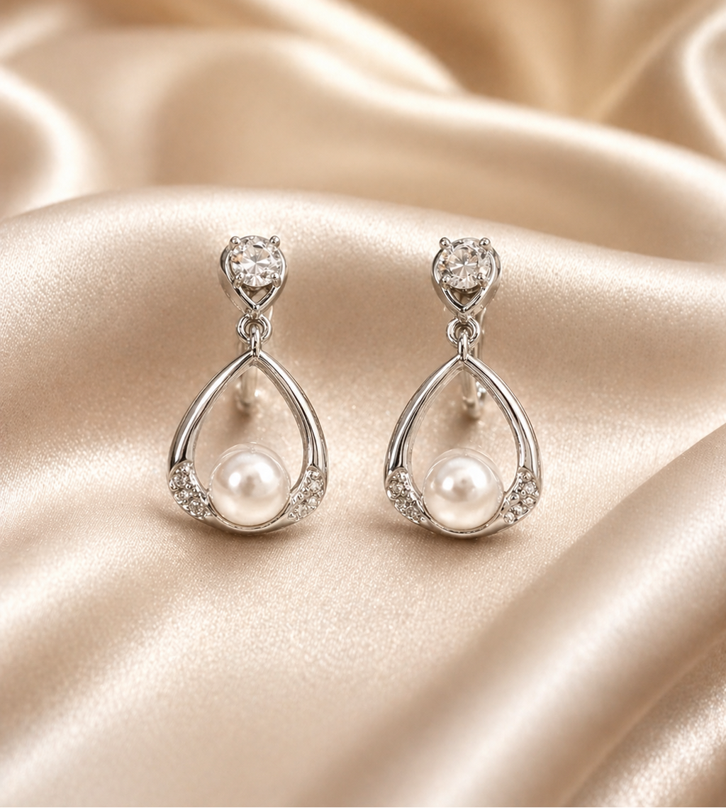 Anti-tarnish pearl drop dangling earrings for women studded with American diamonds, lightweight comfort jewellery by Ashaarya