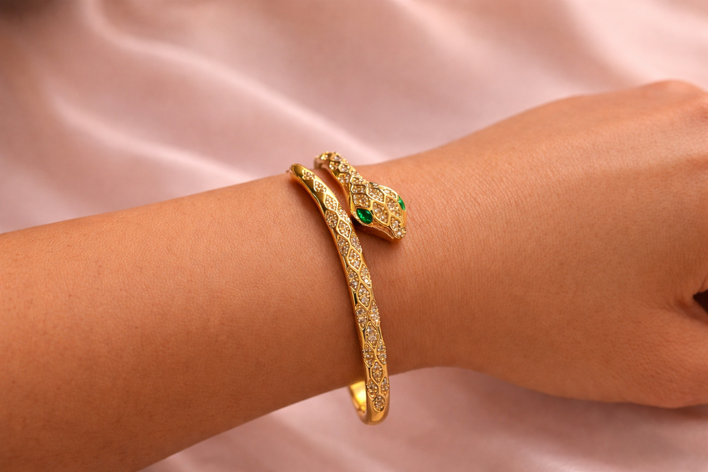 Detailed view of anti-tarnish snake bracelet for women highlighting textured serpent scale design in Ashaarya comfort jewellery