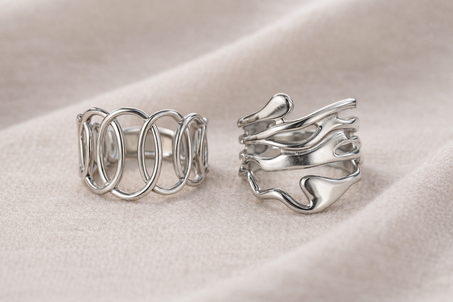 Anti-Tarnish, Ashaarya, Ashaarya Jewels, Ashaarya Jewellery, Two silver rings on a light fabric background