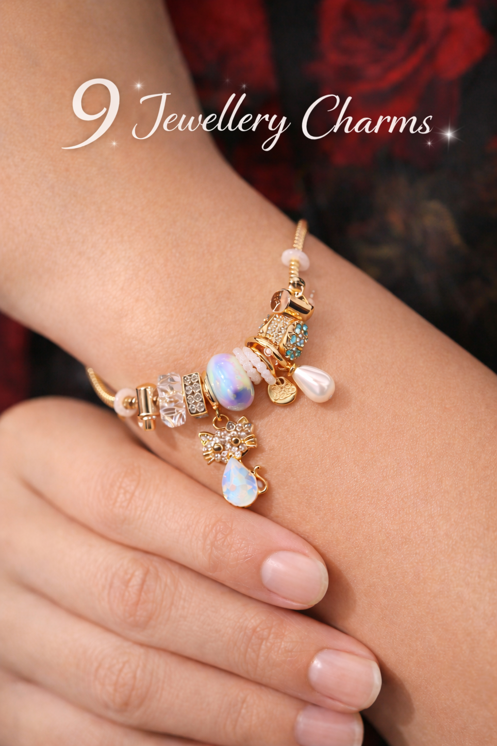 Anti-Tarnish, Ashaarya, Ashaarya Jewels, Ashaarya Jewellery,Bracelet with various charms on a wrist against a blurred background