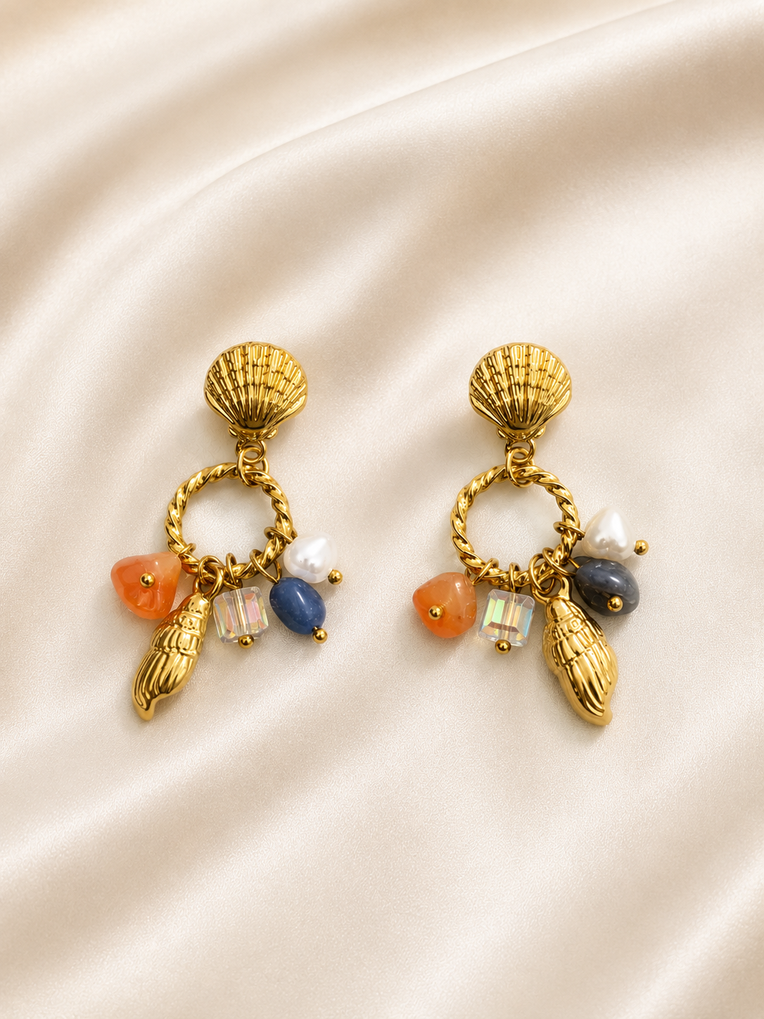 Coastal Daydream anti-tarnish dangling earrings with heart shaped pearl and ocean blue charms