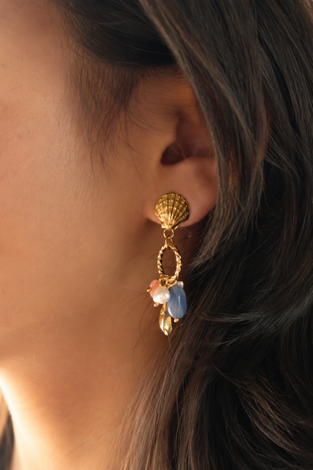 Indian model wearing Coastal Daydream anti-tarnish comfort jewellery dangling earrings