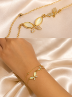 anti tarnish bracelet, butterfly bracelet for women, gold bracelet for women, lightweight bracelet, dual chain bracelet, 18kt gold plated bracelet, stainless steel bracelet, everyday bracelet, adjustable bracelet, butterfly jewellery, demi fine jewellery, comfort jewellery, Ashaarya bracelet