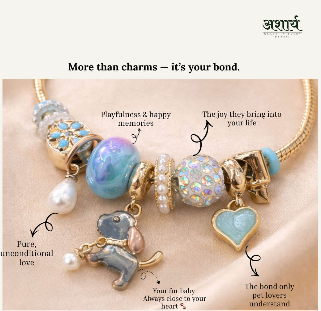 Necklace with various charms on a beige background, featuring text about the bond between the necklace and its wearer.