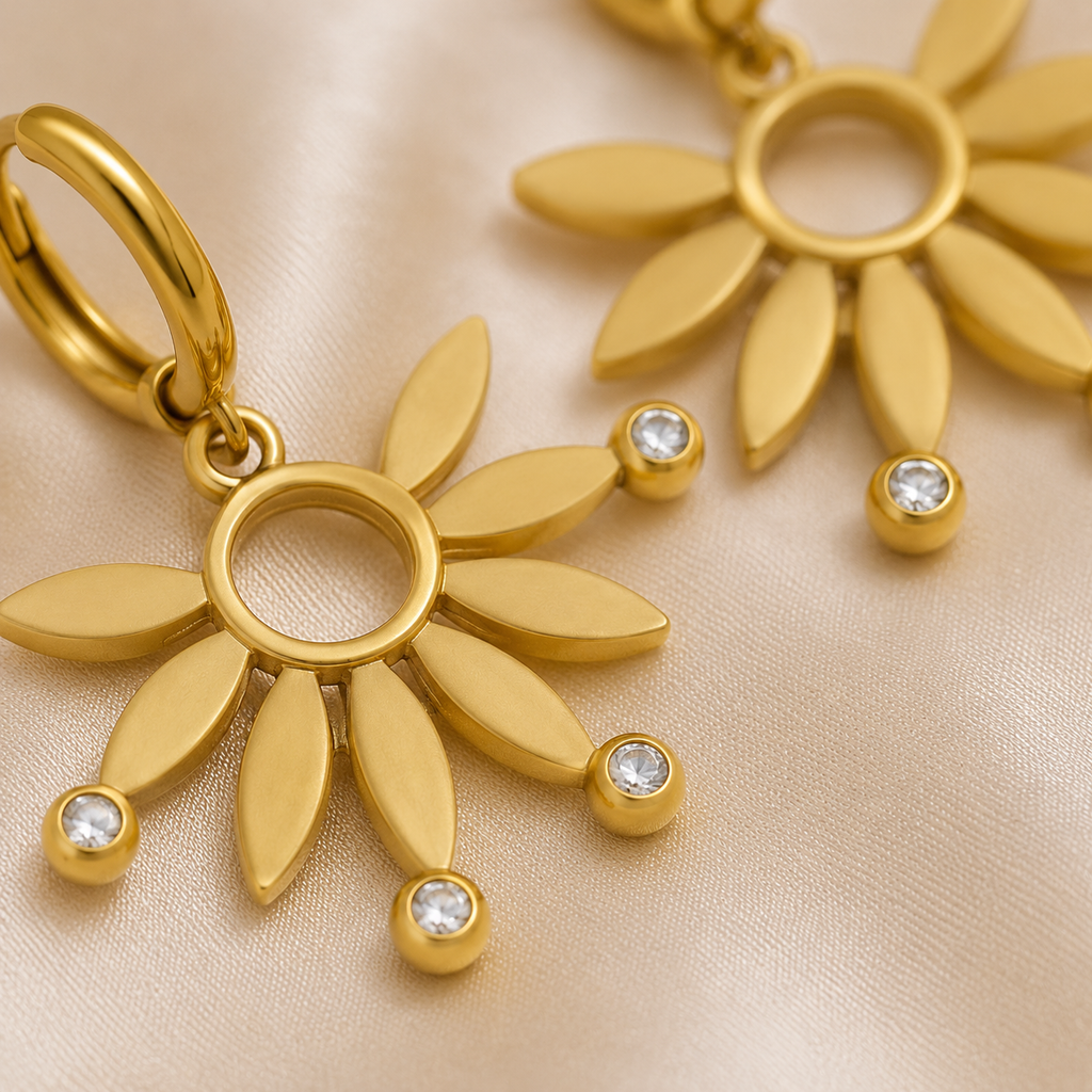 Sunbeam Daisy Hoop Earrings by Ashaarya close-up showing crystal accents, daisy petal details, anti-tarnish comfort jewellery and lightweight hoop earrings