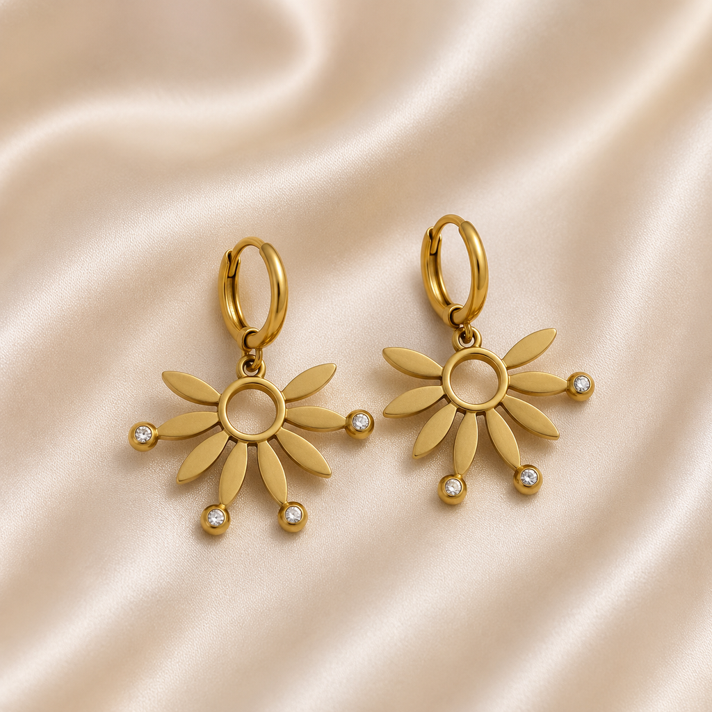 Sunbeam Daisy Hoop Earrings by Ashaarya side-angle view displaying secure hoop closure, floral charm design, lightweight earrings and anti-tarnish comfort jewellery