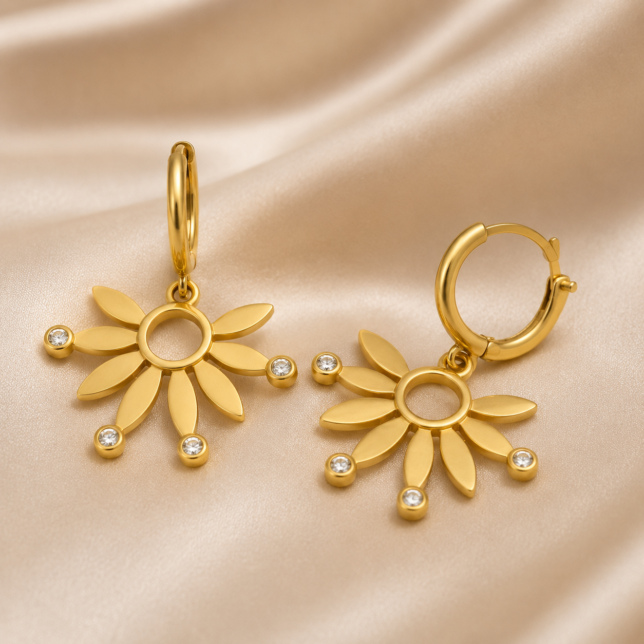 Sunbeam Daisy Hoop Earrings by Ashaarya featuring crystal-tipped floral charms, anti-tarnish comfort jewellery, lightweight dangling earrings and everyday elegance