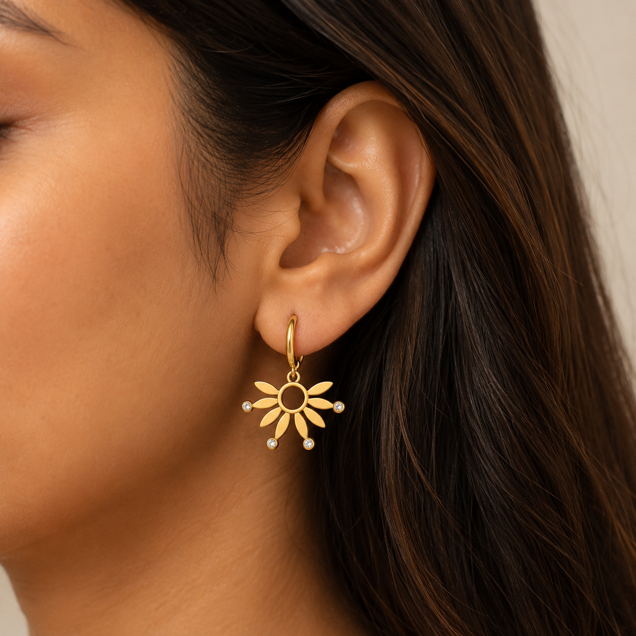 Sunbeam Daisy Hoop Earrings by Ashaarya worn by model showcasing floral hoop earrings, dangling earrings, anti-tarnish comfort jewellery and all-day comfort