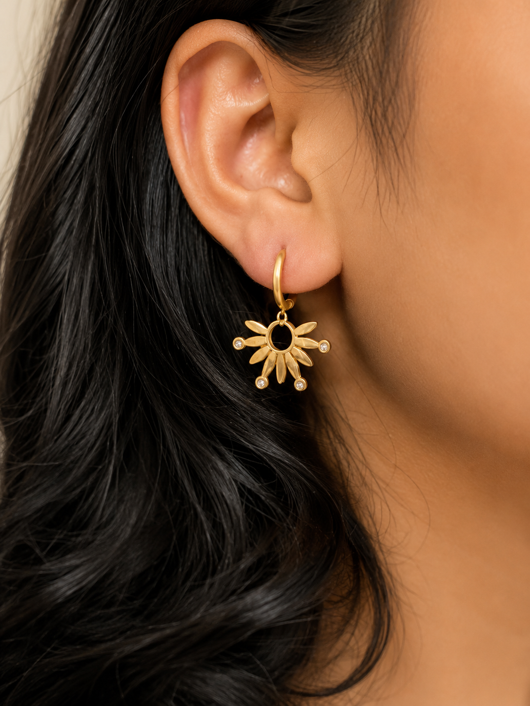 Sunbeam Daisy Hoop Earrings by Ashaarya worn by model showcasing floral hoop earrings, dangling earrings, anti-tarnish comfort jewellery and all-day comfort