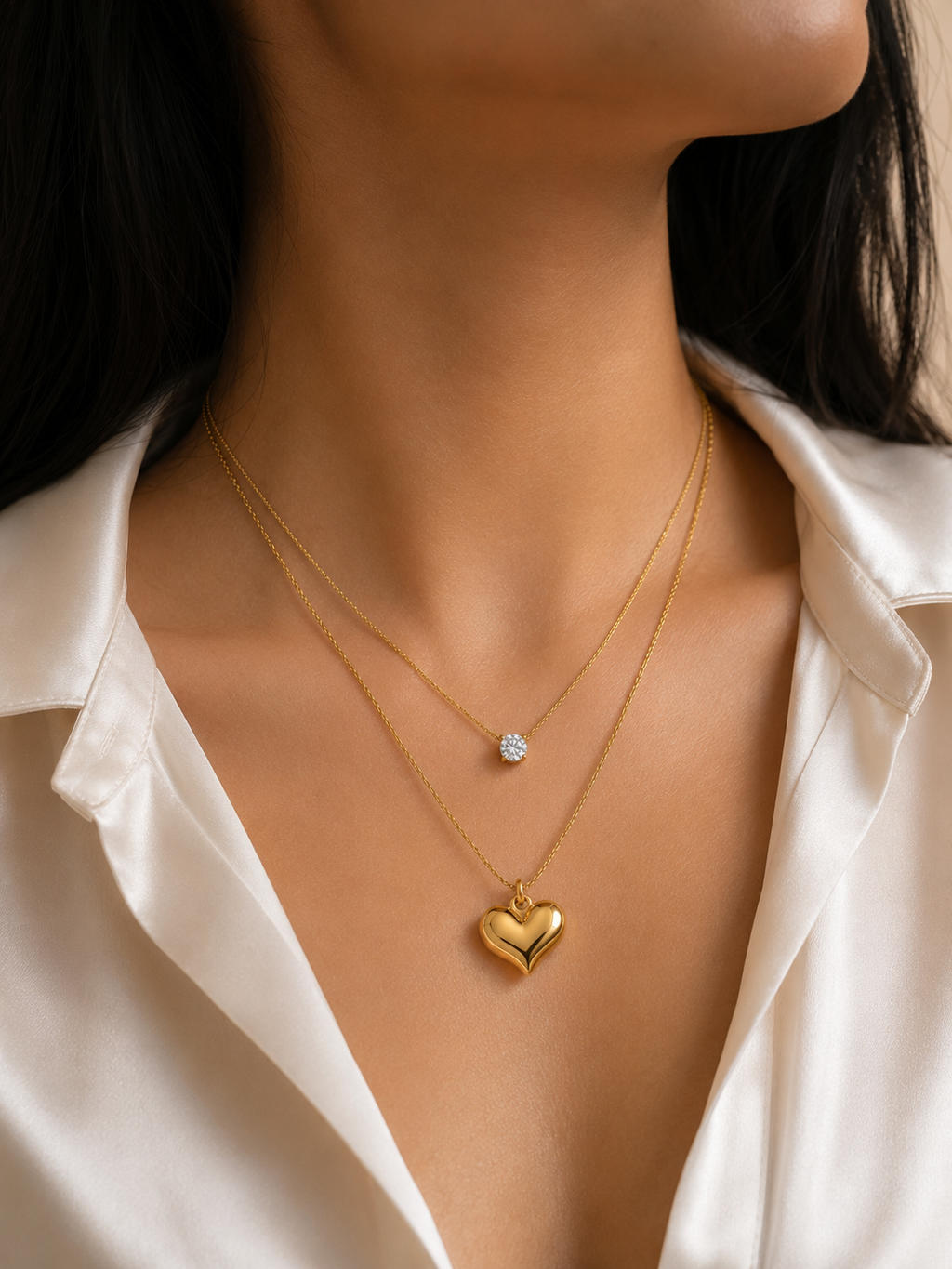 A close-up of a woman wearing two layered gold necklaces: one with a small round clear stone pendant and another with a larger polished heart-shaped pendant, styled with a white satin shirt.everyday heart necklace, heart necklace for women, layered necklace for women, gold heart necklace, minimalist gold necklace, anti tarnish necklace, waterproof necklace, 18kt gold plated necklace, stainless steel necklace, dainty layered necklace, everyday jewellery, lightweight necklace, comfort jewellery, gift for her,